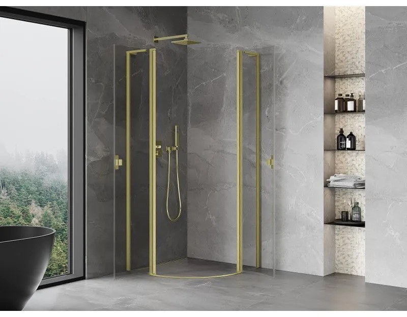 Mexen Mist L, štvrťkruhový sprchový kút s 2-krídlovými dverami, 90 x 90 cm, 8mm číre sklo, zlatý matný profil, 8A32L-090-090-55-00