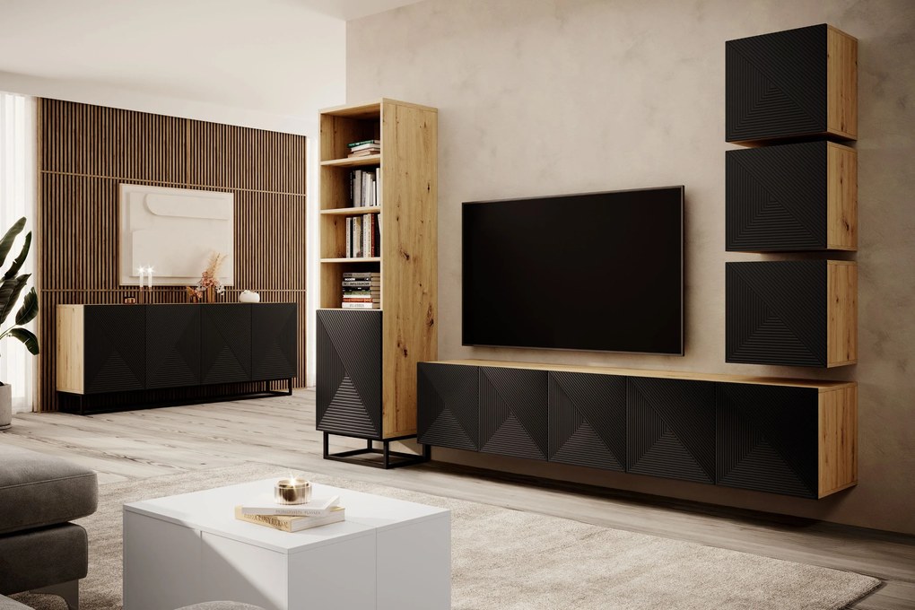 Závesná skrinka RTV Asha 200 cm s ryhovaným čelom - artisan / čierny mat