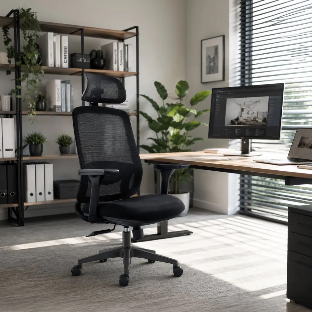 Kancelárska ergonomická stolička NOKA — sieť / látka, čierna