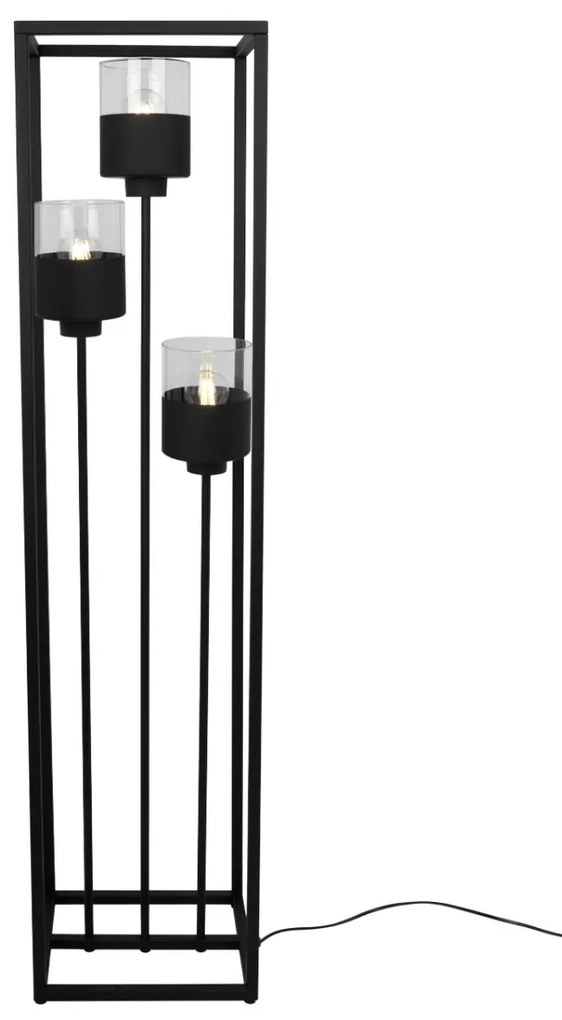 Stojacia lampa Roma Cage, 3x čierne/transparetné sklenené tienidlo v kovovom ráme