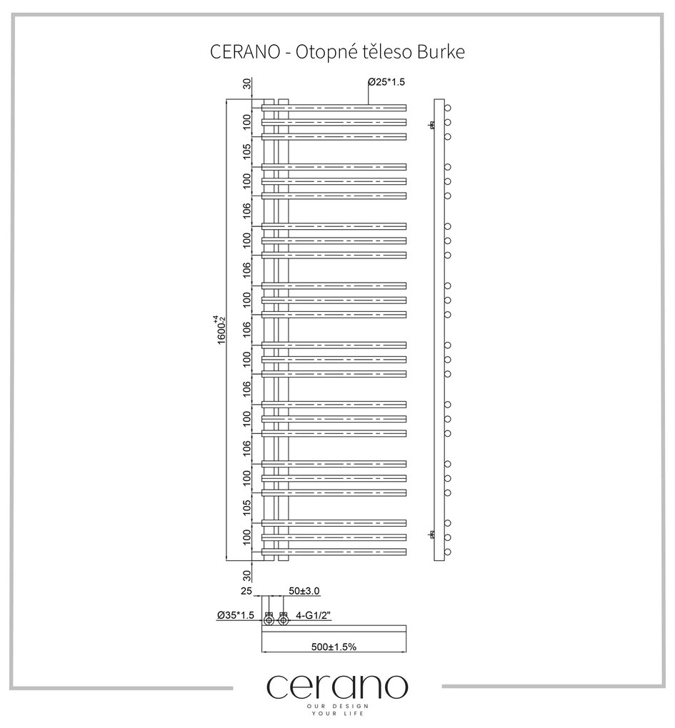 Cerano Burke, vykurovacie teleso 1600x500 mm, 750W, pripojenie D5, čierna matná, CER-CER-429640