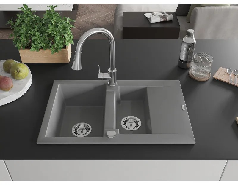 Mexen Gaspar, 1,5-komorový granitový drez 737x475x177 mm a drezová batéria Elia, šedá, 6507-71-670101-00
