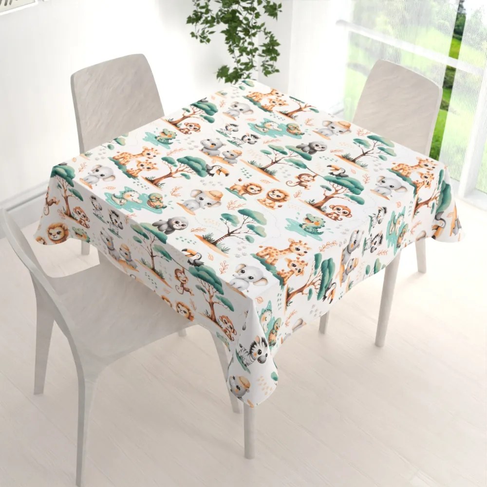 Biante Detský bavlnený štvorcový obrus Sandra SA-513 Africké zvieratká na bielom 130x130 cm