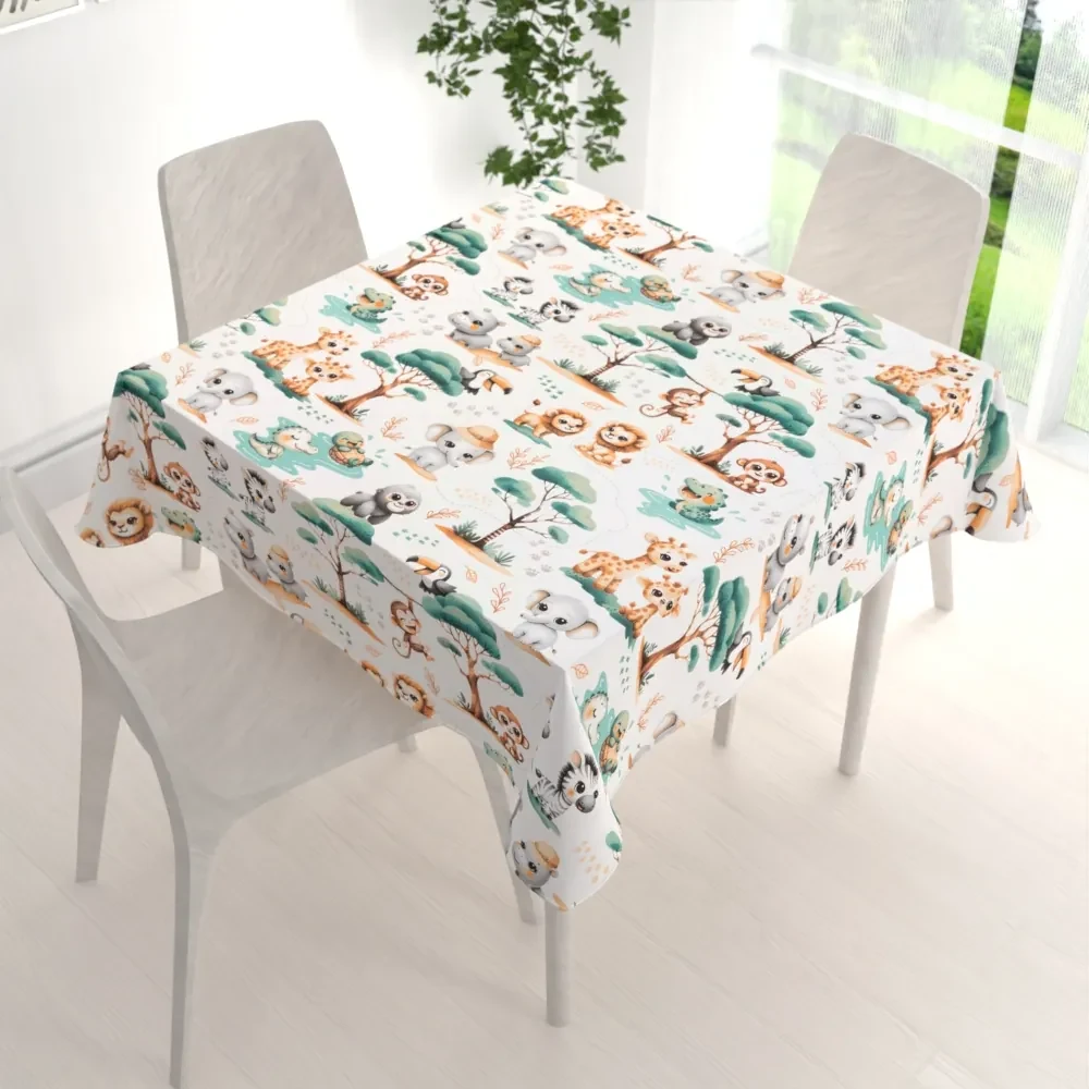 Biante Detský bavlnený štvorcový obrus Sandra SA-513 Africké zvieratká na bielom 150x150 cm