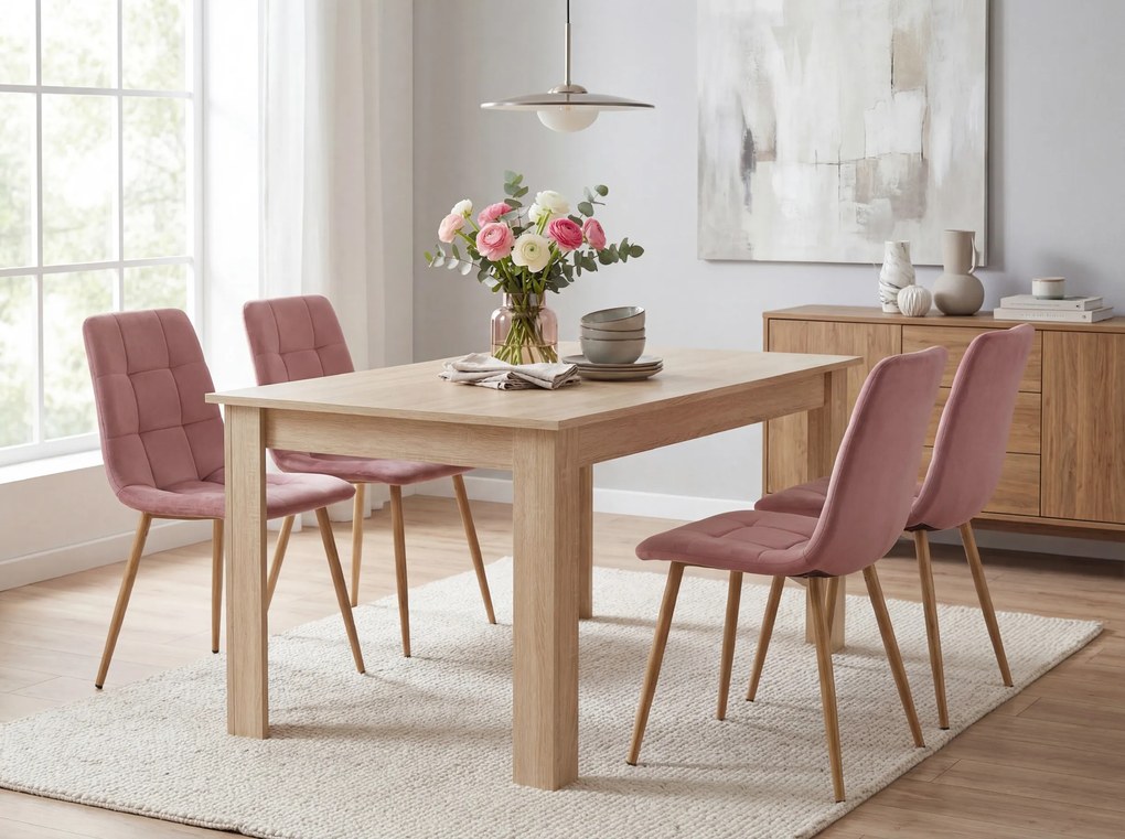 Jedálenský set 1 + 4, stôl UMEKO 120x80 cm dub sonoma + ružová zamatová stolička KARA