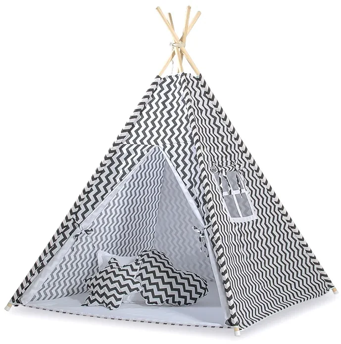 Bobono Stan Teepee pre deti + podložka na hranie + ozdobné perie - Chevron čierna