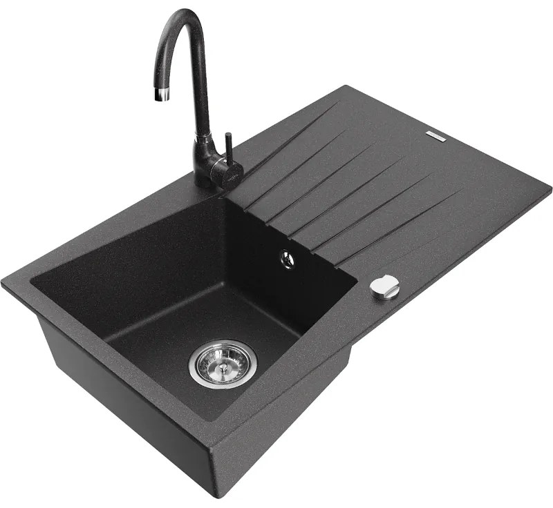 Mexen Cesar, 1-komorový granitový drez s odkvapkávačom 78x47 cm a kuchynskou batériou Telma, čierna-škvrnitá, 6514-76-670200-76
