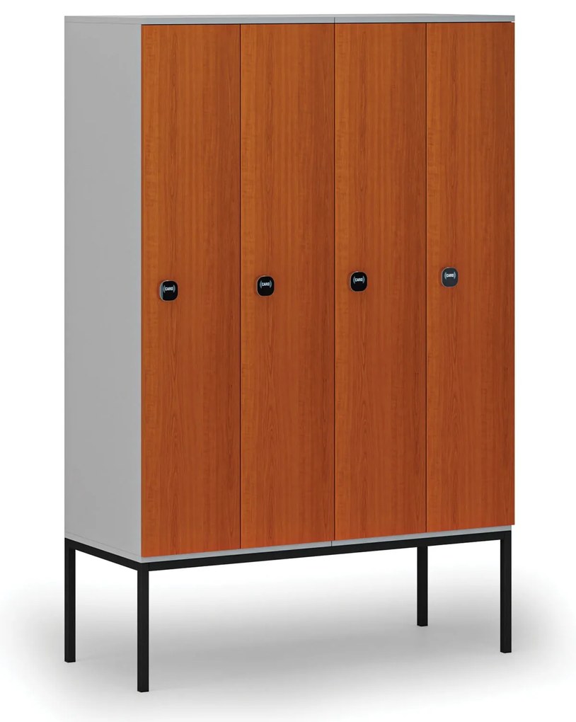 Drevená šatníková skrinka s podnožou, 4 oddiely, 1871 x 1200 x 500 mm, demont, RFID zámok, sivá/čerešňa