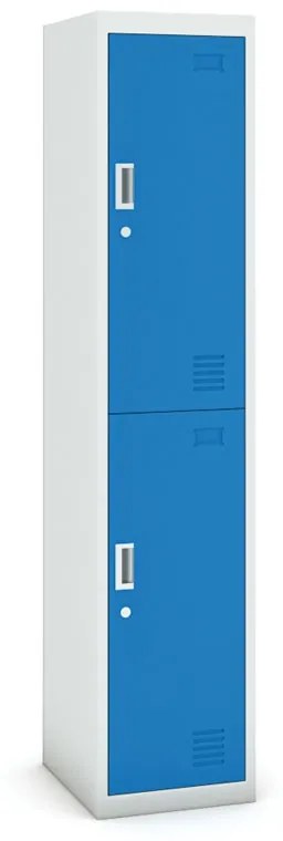 Šatníková skrinka s úložnými boxami, 2 boxy, 1800 x 380 x 450 mm, cylindrický zámok, sivá/modrá