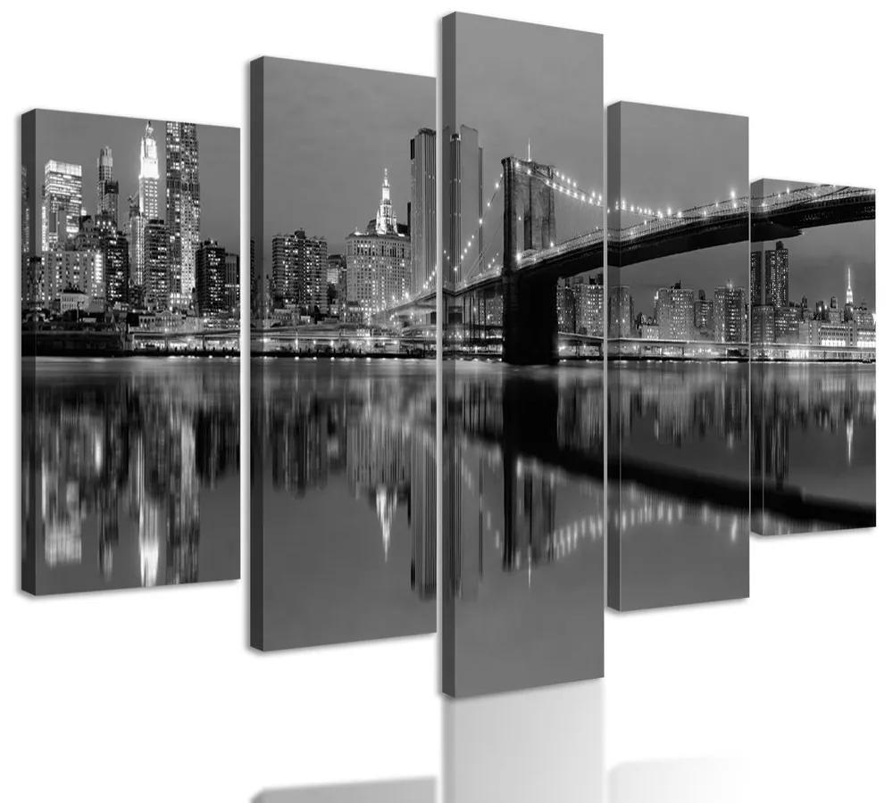 5-dielny obraz nočný Manhattan v čiernobielom prevedení