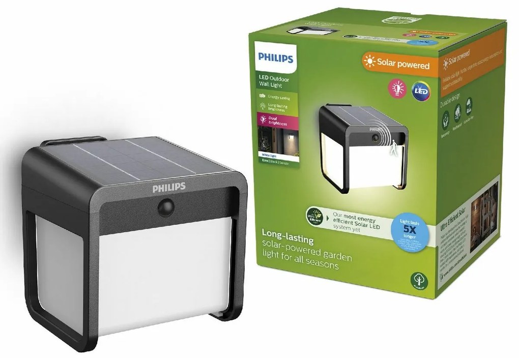 Philips Ezra UltraEfficient solárne LED svietidlo, senzor, čierna, 1,8 W, 250/25 lm, 3000 K