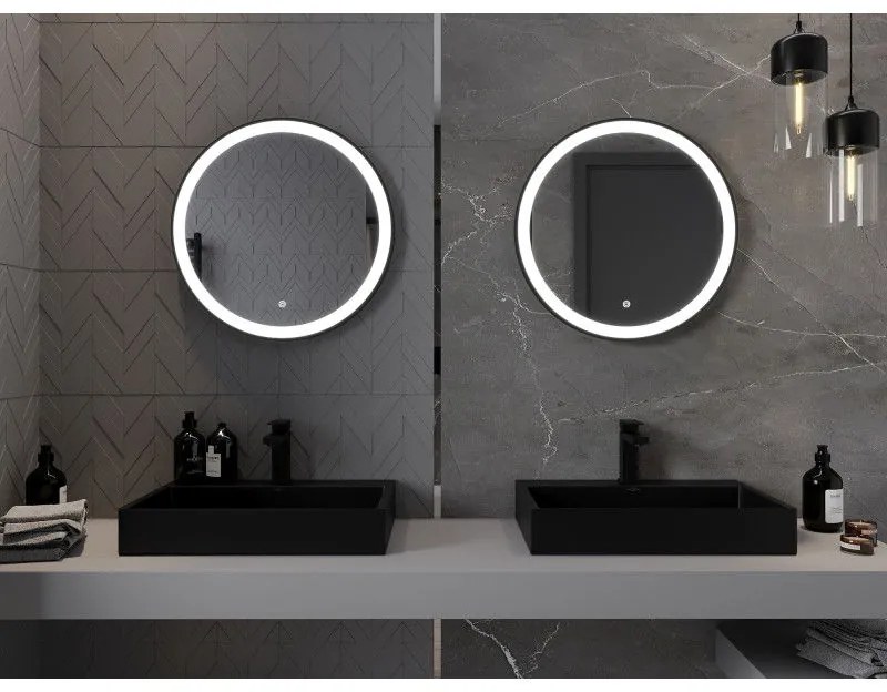 Mexen Esso, okrúhle LED podsvietené kúpeľňové zrkadlo 60 cm, 6000K, vykurovacia podložka proti zahmlievaniu, čierny rám, 9825-060-060-611-70
