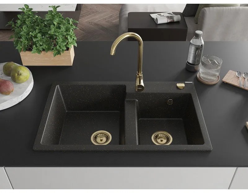 Mexen Tomas, granitový drez 800x500x190 mm, 2-komorový, čierna-zlatá metalíza so zlatým sifónom, 6516802000-75-G