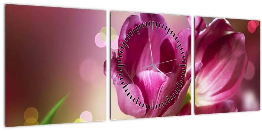 Obraz ružových tulipánov (s hodinami) (90x30 cm)