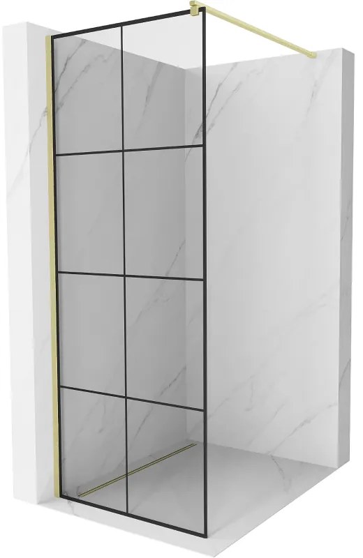 Mexen Kioto, sprchová zástena Walk-In 90 x 200 cm, 8mm číre sklo čierny vzor, zlatý matný profil, 800-090-101-55-77