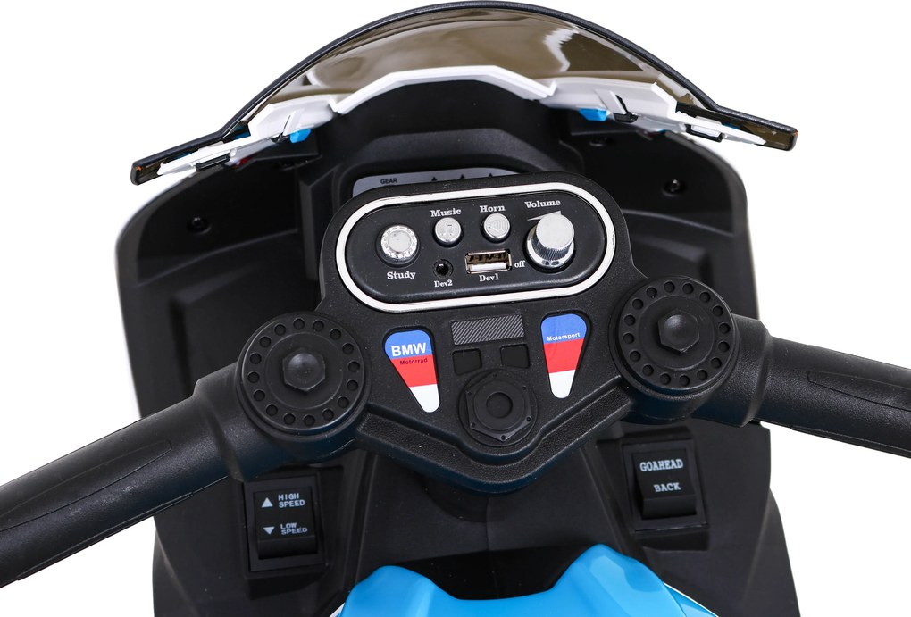 Ramiz BMW HP4 detský motocykel na batérie modrý + 3 kolieska + LED + MP3 USB + ekokoža