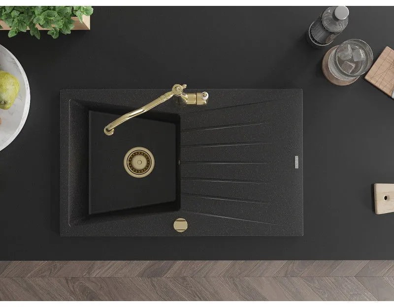 Mexen Cesar, 1-komorový granitový drez 775x470x190 mm a drezová batéria Carla, čierna-strieborná metalíza, 6514-73-670700-50