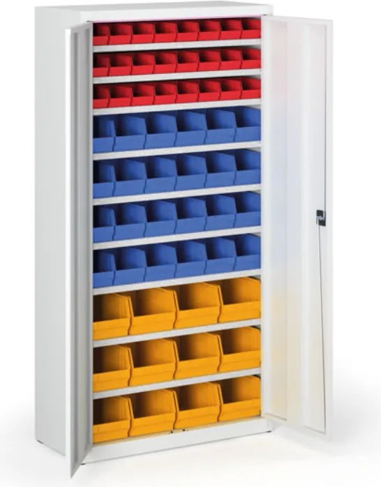 Skriňa s plastovými boxami BASIC - 1800 x 400 x 920 mm, 24xA/24xB/12xC, sivá/sivé dvere