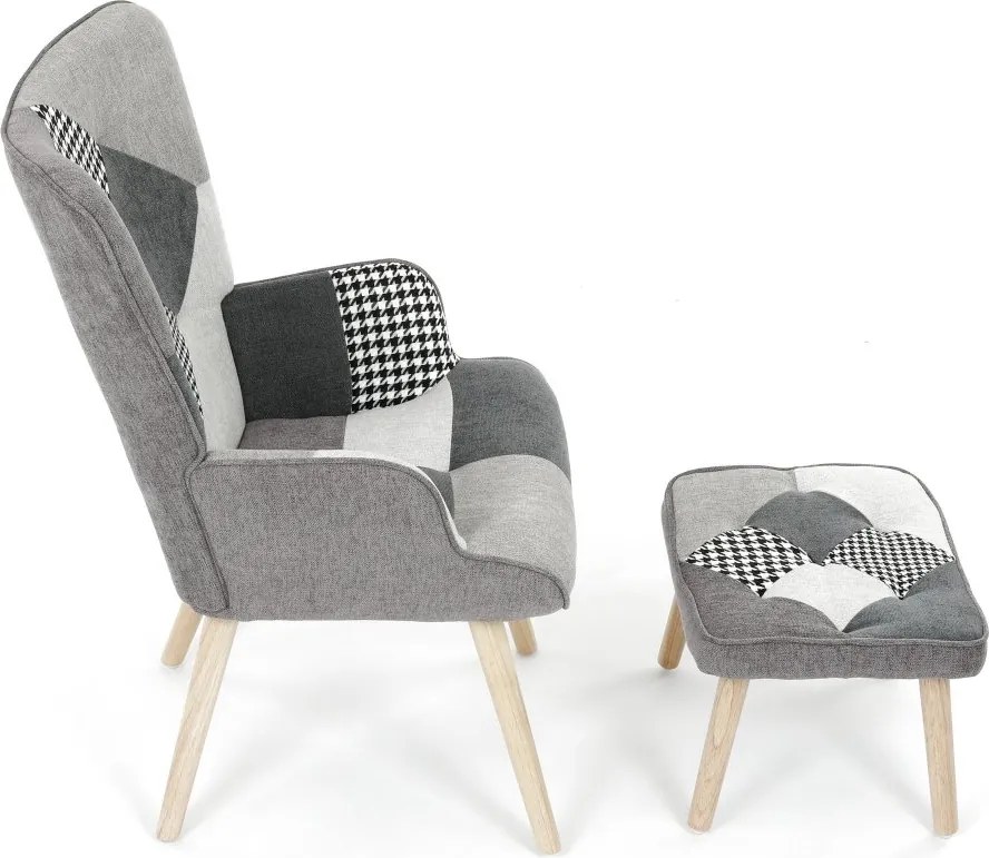 Relaxačné kreslo ušiak LISA + taburet — masív, látka, čiernobiely patchwork