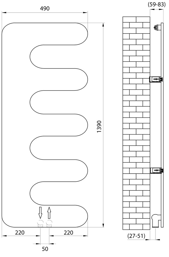 Sapho Sapho, EVOLLA vykurovacie teleso 490x1390 mm, čierna matná, MI1400