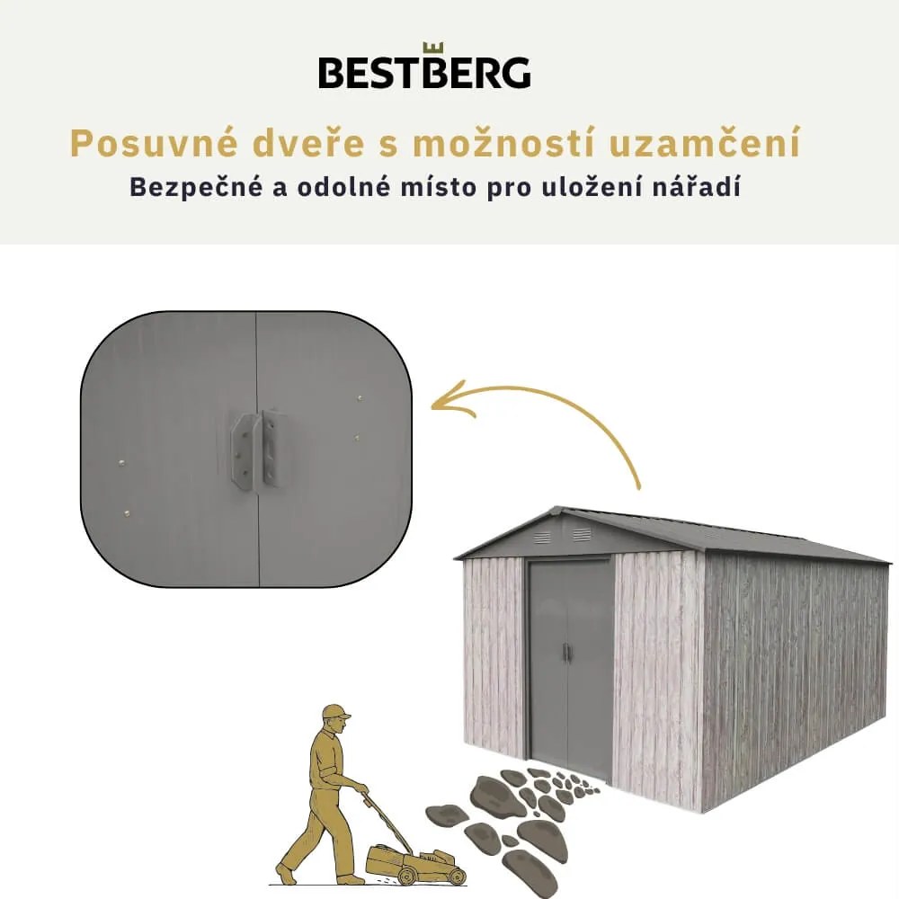 Záhradný domček BestBerg ZDB-9SD / 9 m² / 279 x 324 x 211 cm / dekor biele drevo / sivá