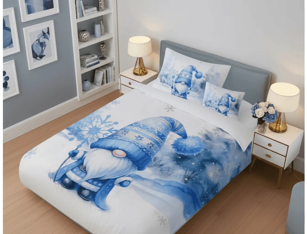 Obliečky z mikrosaténu BLUE GNOME biele + obliečka na vankúšik 45 x 45 cm zdarma Rozmer obliečky: 70 x 90 cm | 140 x 200 cm