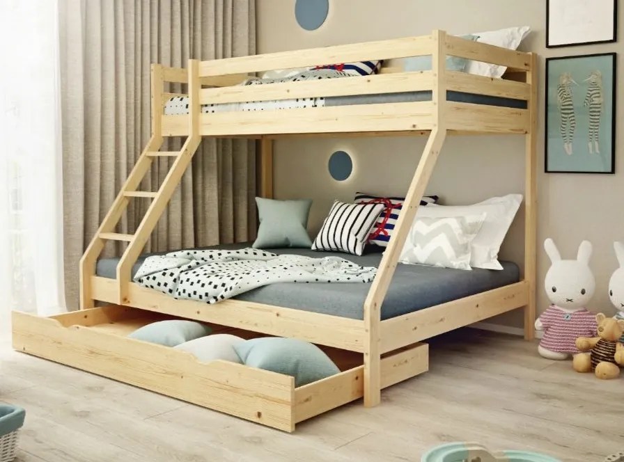 Poschodová posteľ z masívu DENIS vr. oboch roštov - 200x90/140 cm - prírodné