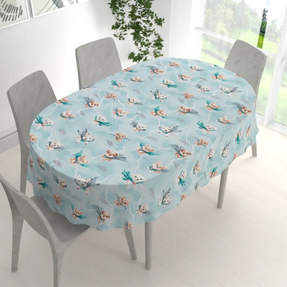 Biante Detský bavlnený oválny obrus Sandra SA-651 Psí superhrdinovia na ľadovo modrom 120x140 cm