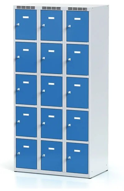 Alfa 3 Šatníková skrinka s úložnými boxami, 15 boxov, 1800 x 900 x 500 mm, otočný zámok, modré dvere