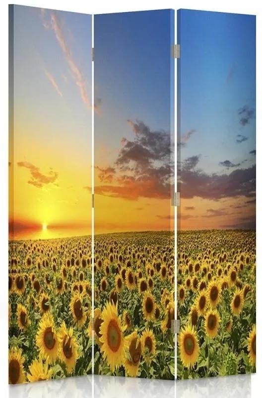 Ozdobný paraván, Krajina se slunečnicemi - 110x170 cm, trojdielny, klasický paraván