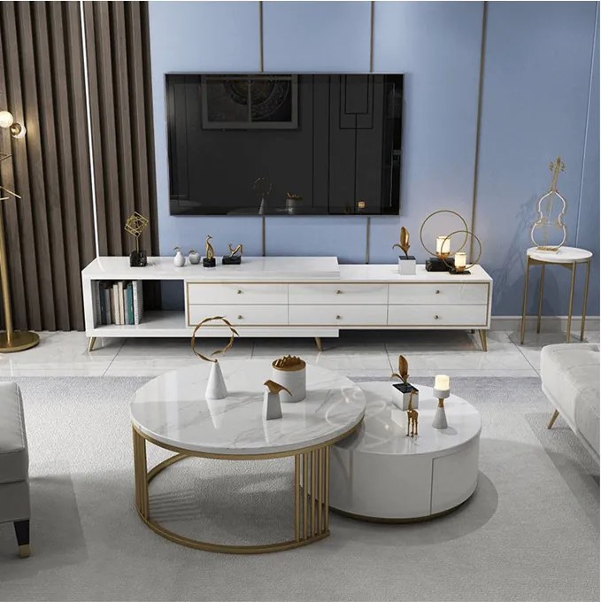 KONFERENČNÝ STOLÍK GASTON 2v1 BIELY MRAMOR + ZLATÝ