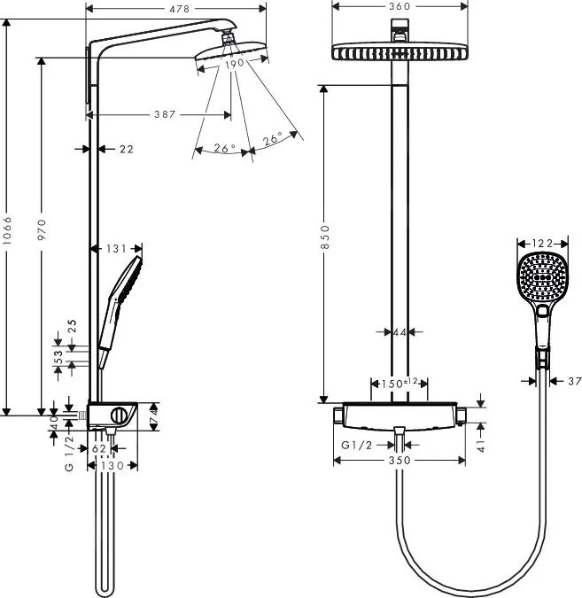 Hansgrohe Raindance Select E, sprchový set Showerpipe 360 s termostatom, EcoSmart 9 l/min, biela/chróm, HAN-27286400