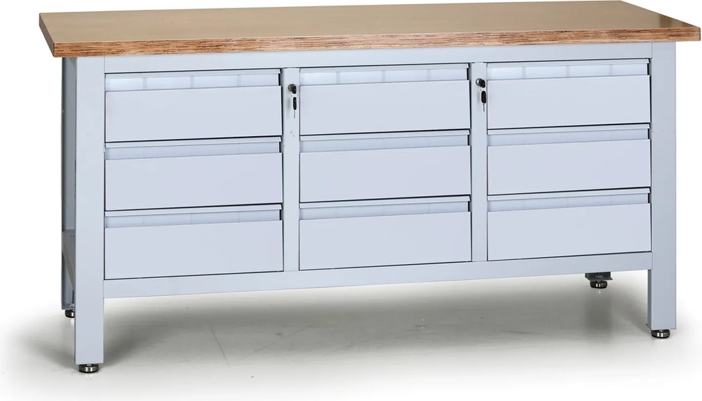 Pracovný stôl do dielne EXPERT, 9 zásuviek, 1690 x 600 x 860 - 900 mm, sivá