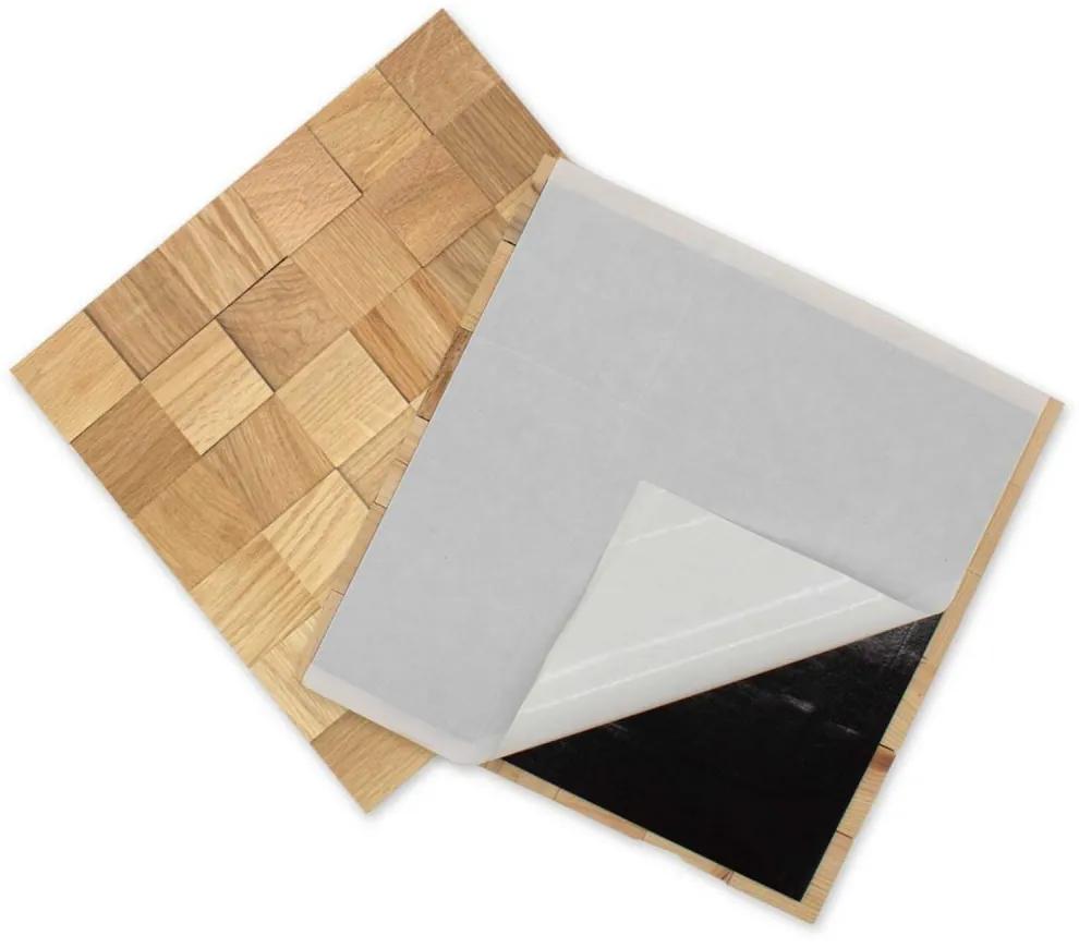 DUB 50, jednotlivé kusy 50 x 50 mm (0,0025 m²) alebo samolepiaci panel 300 x 300 mm (0,09 m²) - 3D drevená mozaika Broušený - bez povrch. úpravy NA SAMOLEPIACOM PODKLADE