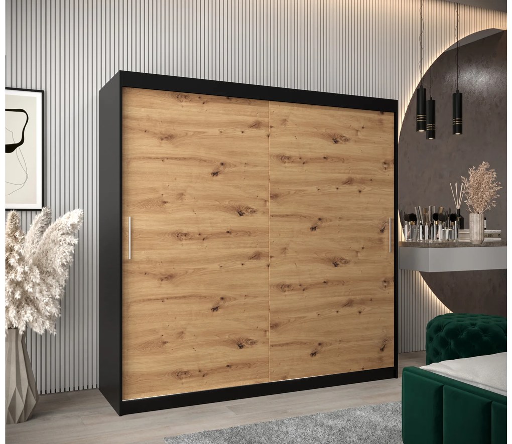 Šatníková skriňa 200 cm Toki (Čierna matná + Dub artisan). Akcia -51%. Vlastná spoľahlivá doprava až k Vám domov. 1064851