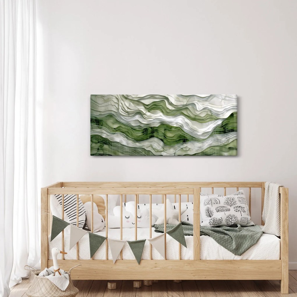 Obraz - Zelenobiele vlnky (120x50 cm)