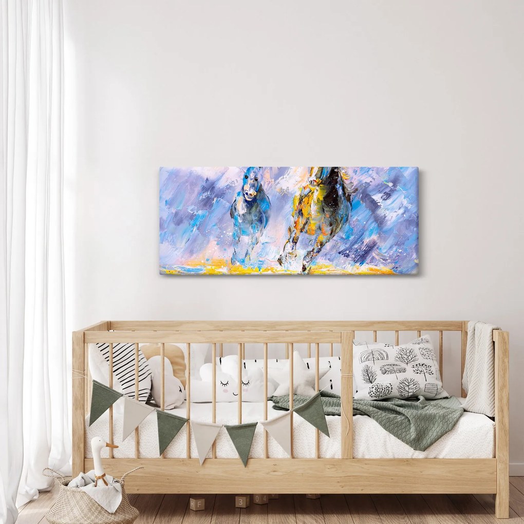 Obraz bežiacich koňov, olejomaľba (120x50 cm)