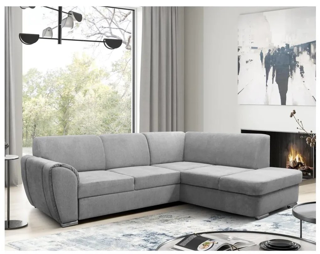 Rozkladacia rohová sedacia súprava s úložným priestorom v tvare L SERPA pravá šedá