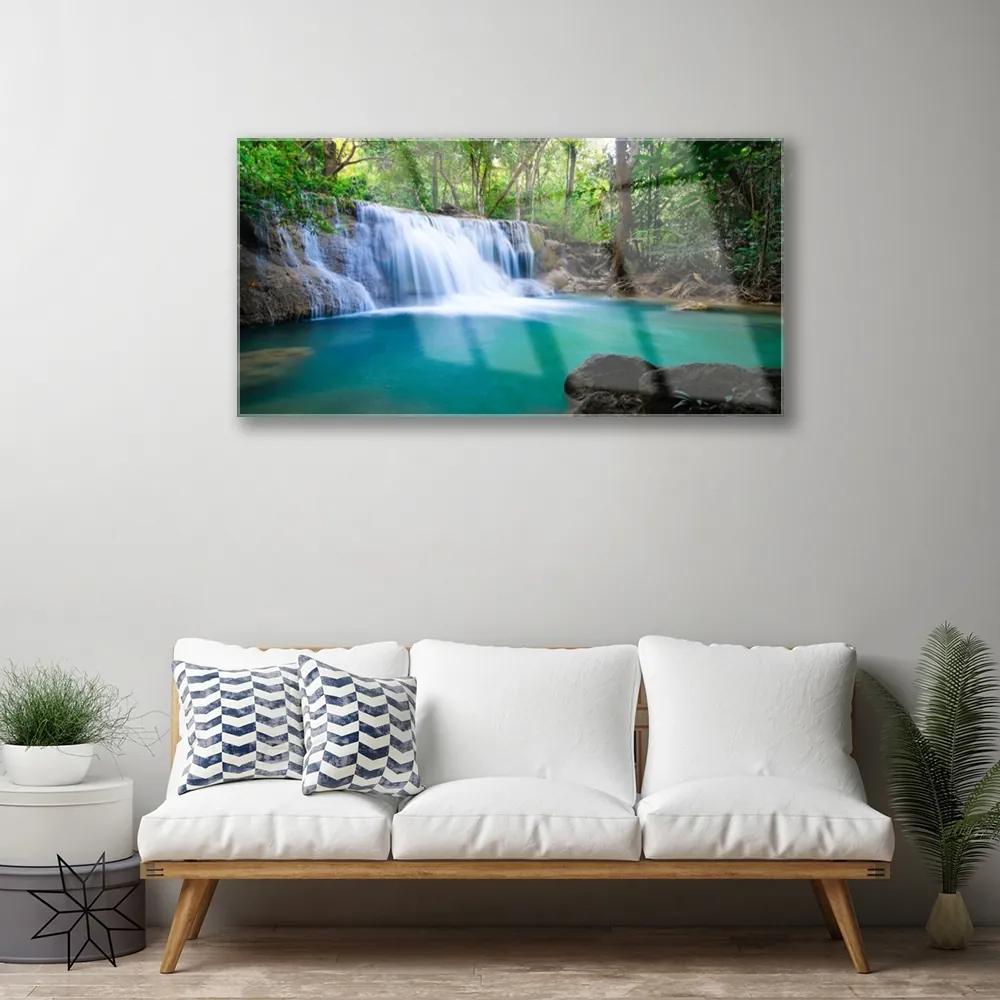 Obraz na skle Vodopád jazero les príroda 100x50 cm