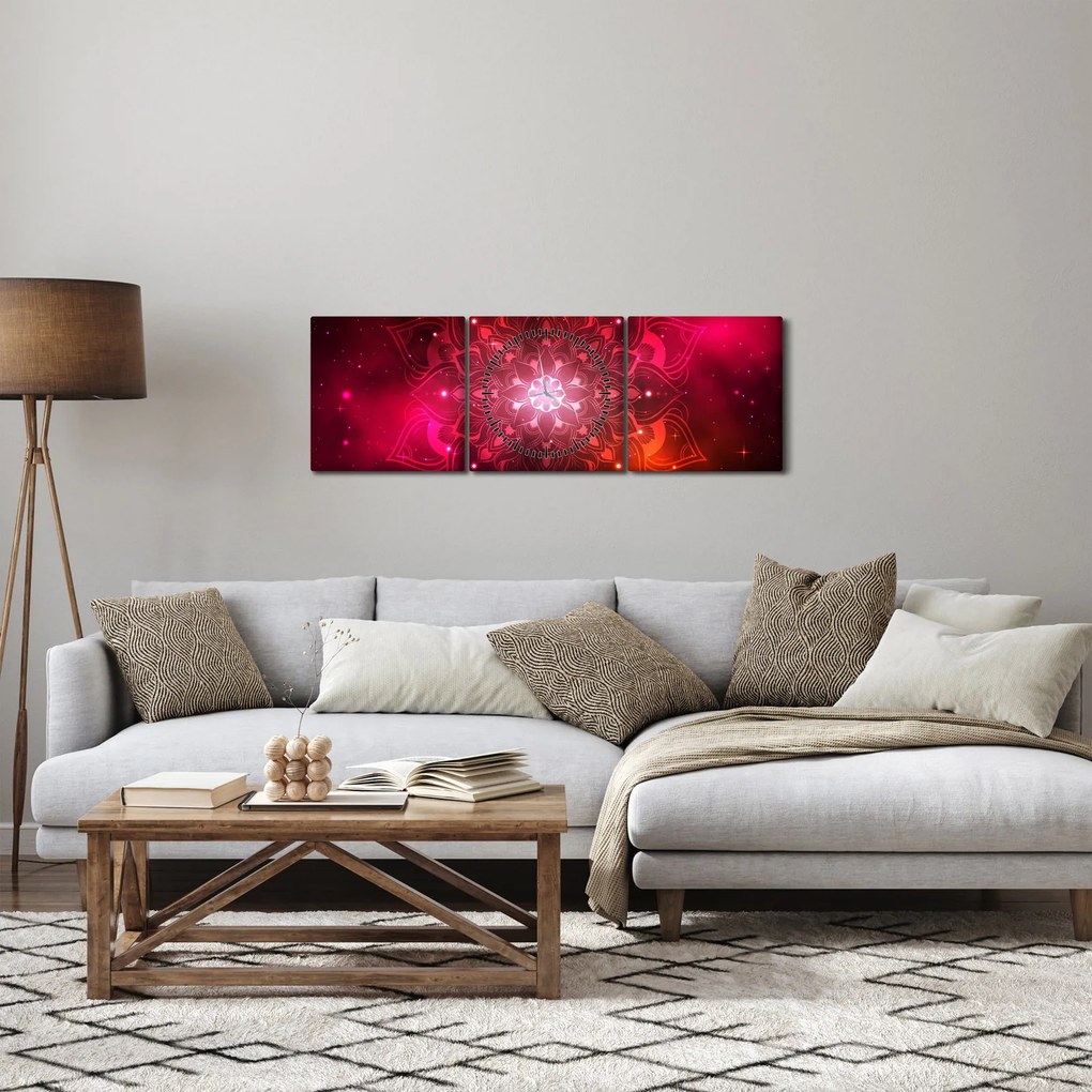 Obraz červené abstrakcie (s hodinami) (90x30 cm)