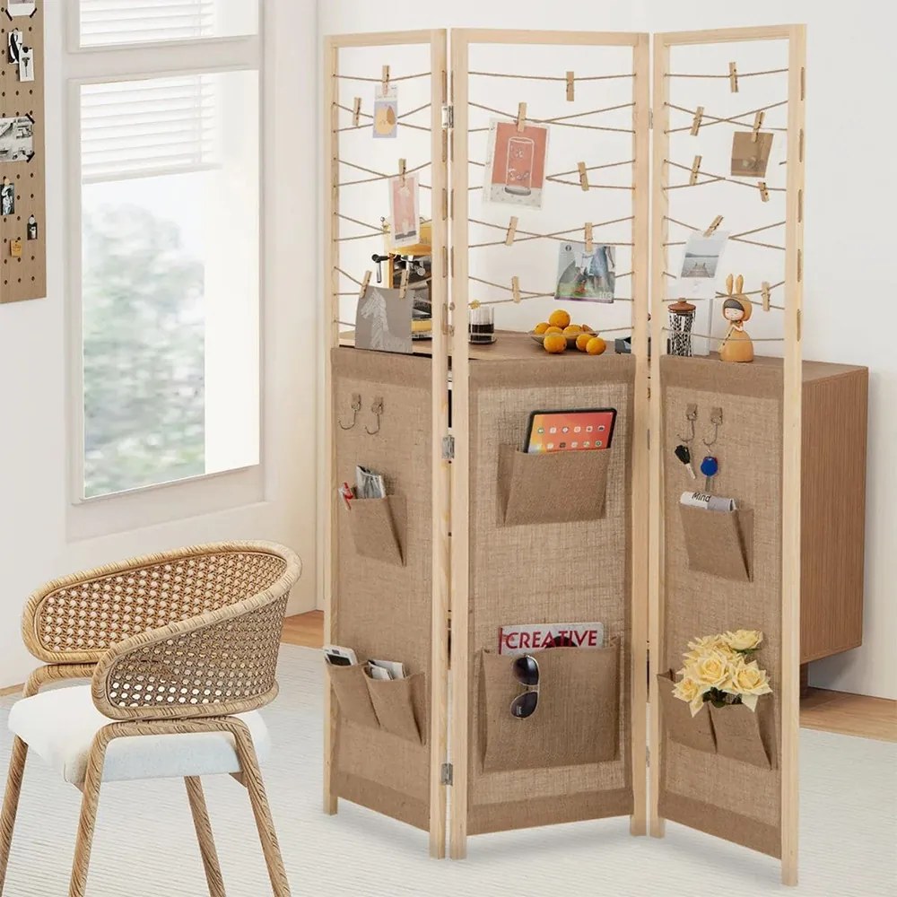 3-panelový paraván s 8 úložnými vreckami a 4 háčikmi, prírodný