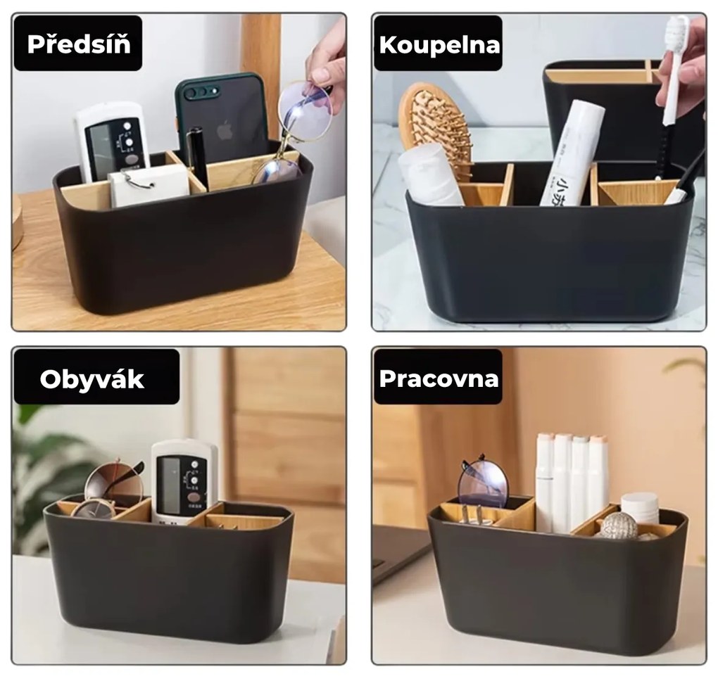Organizér s bambusovými priehradkami, stojan na kefky, čierny OVEL