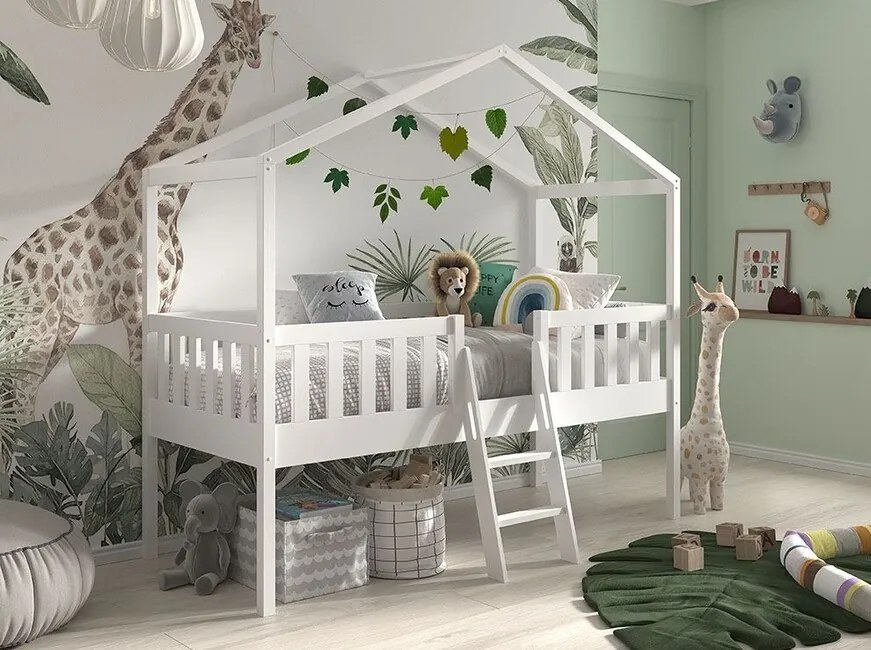 Domčeková posteľ pre deti s rebríkom Dallas biela borovica 90x200cm