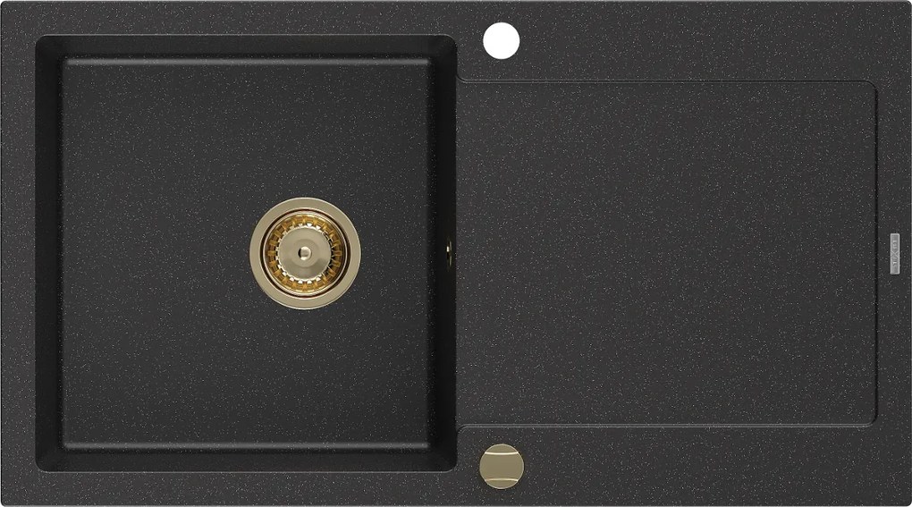Mexen Leo, drez granitový 900x500x190 mm, 1-komorový, čierna-strieborná metalíza so zlatým sifónom, 6501901010-73-G