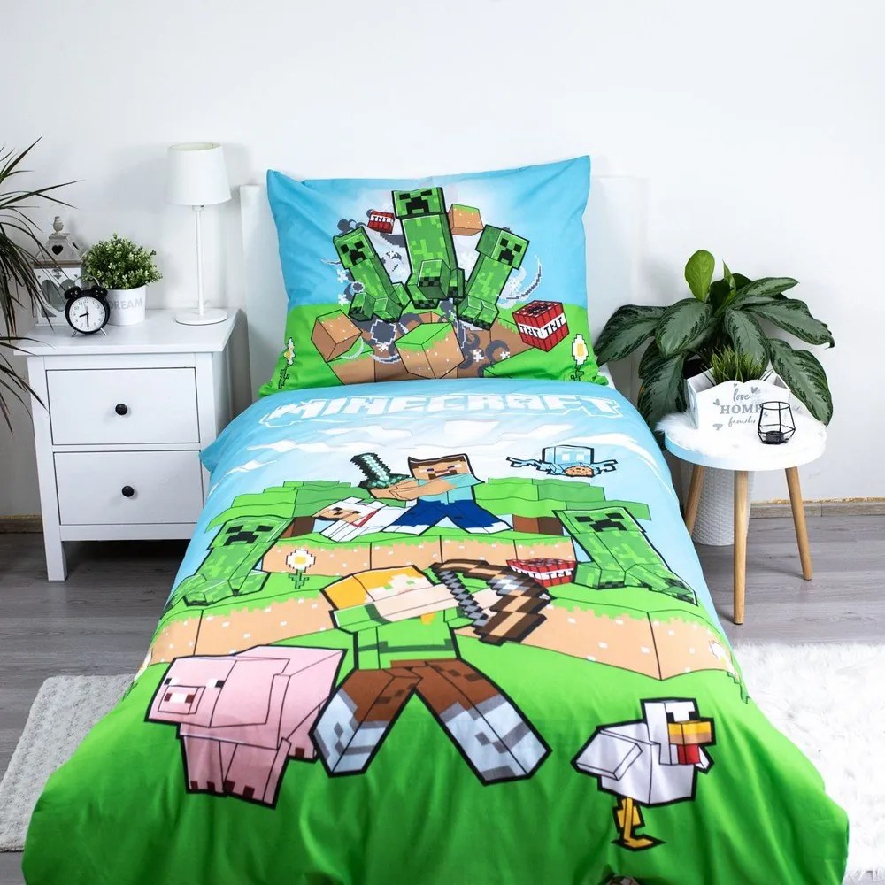 Zeleno-modré bavlnené detské obliečky na jednolôžko 140x200 cm Minecraft "Outdoor Mobs" – Jerry Fabrics