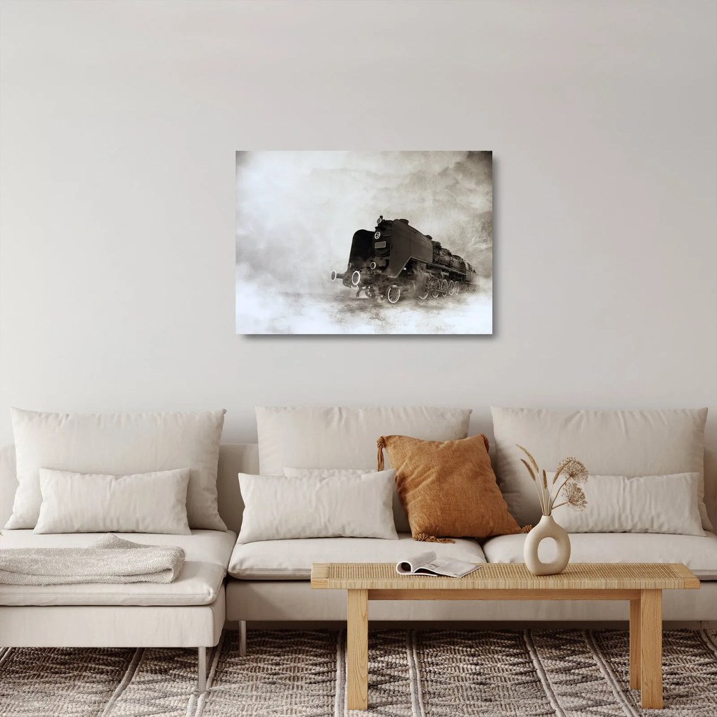 Sklenený obraz - Vlak v hmle (70x50 cm)