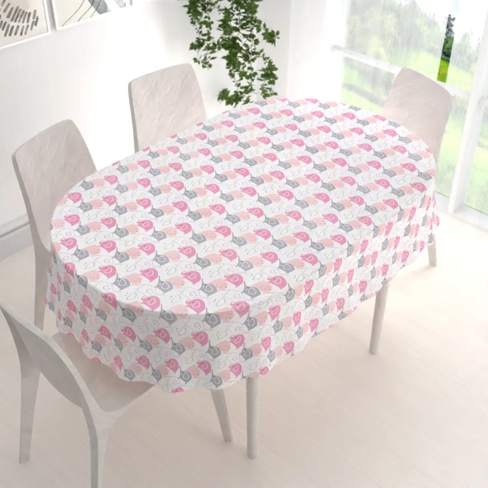Biante Detský bavlnený oválny obrus Sandra SA-279 Ružové sloníky 120x140 cm