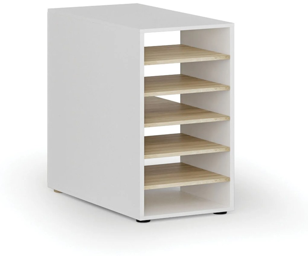 Prístavná policová skrinka k pracovnému stolu PRIMO WHITE, pravá, biela/dub prírodná