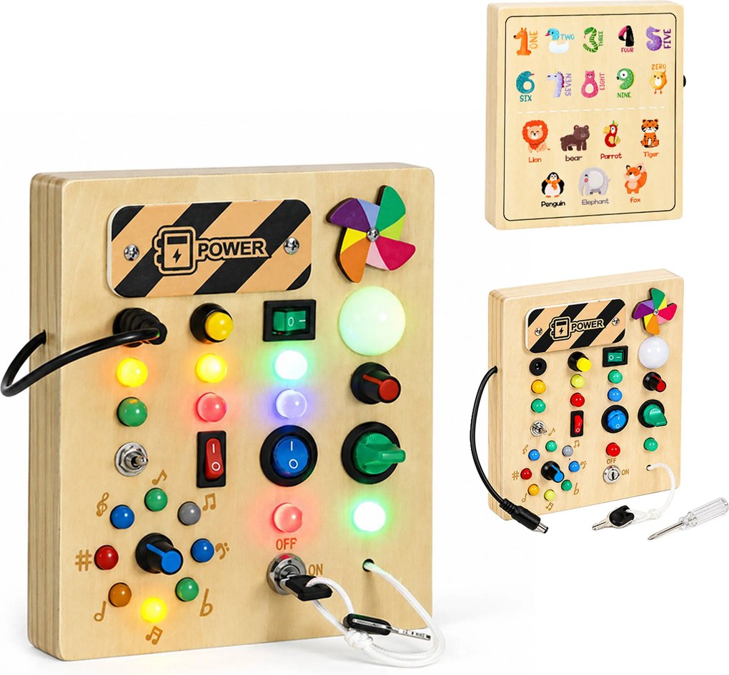 ECOTOYS Dřevěná interaktivní manipulační tabule s LED světly od 3 let