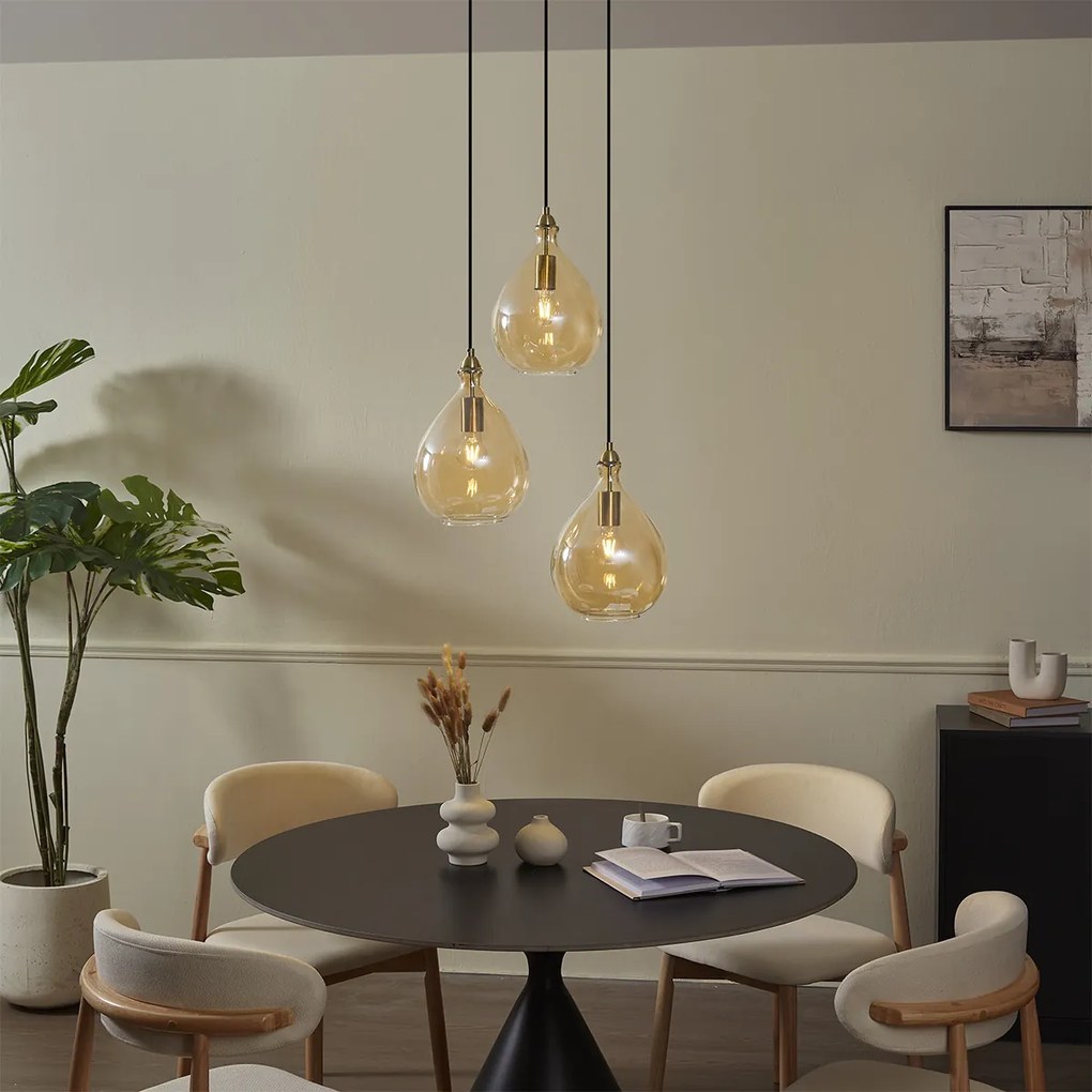 Inteligentná závesná lampa zlatá s jantárovým sklom, 3-svetelná, vrátane Wifi A60 - Traditional